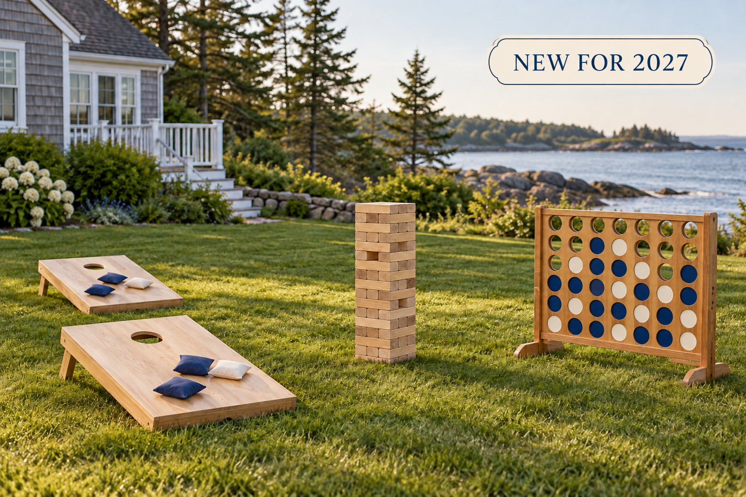 Illustrative yard game trio with cornhole, giant stacking blocks and giant Connect Four on a coastal lawn
